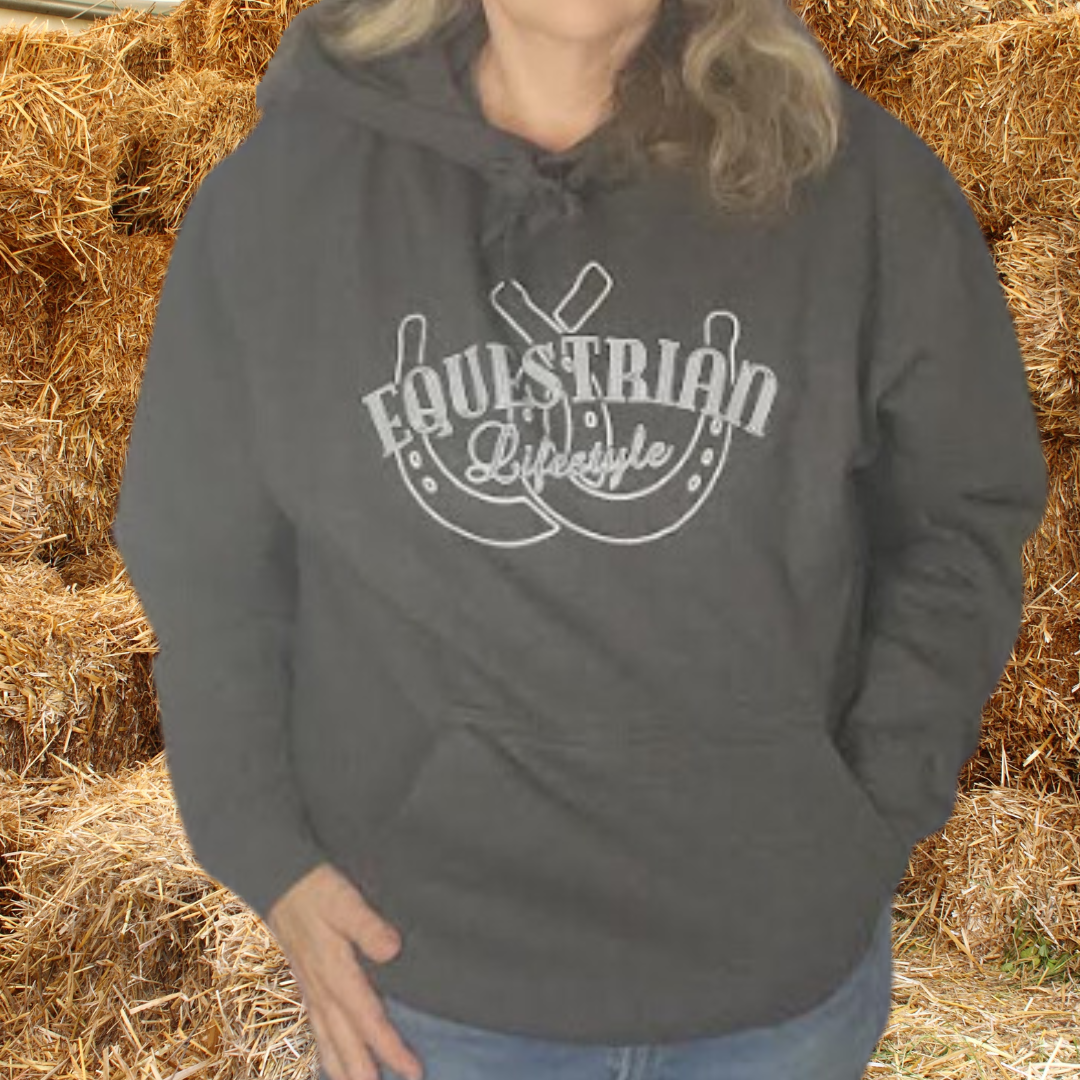 Jet Black Heather Hoodie with Steel Blue Horseshoe Phrase Design - XS, L - Equestrian Lifestyle Clothing