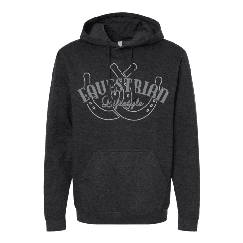 Jet Black Heather Hoodie with Steel Blue Horseshoe Phrase Design - XS, L - Equestrian Lifestyle Clothing