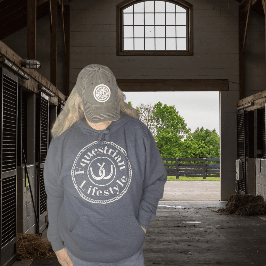 Heather Navy Equestrian Hoodie – Fortress Grey Horseshoe Print - Equestrian Lifestyle Clothing