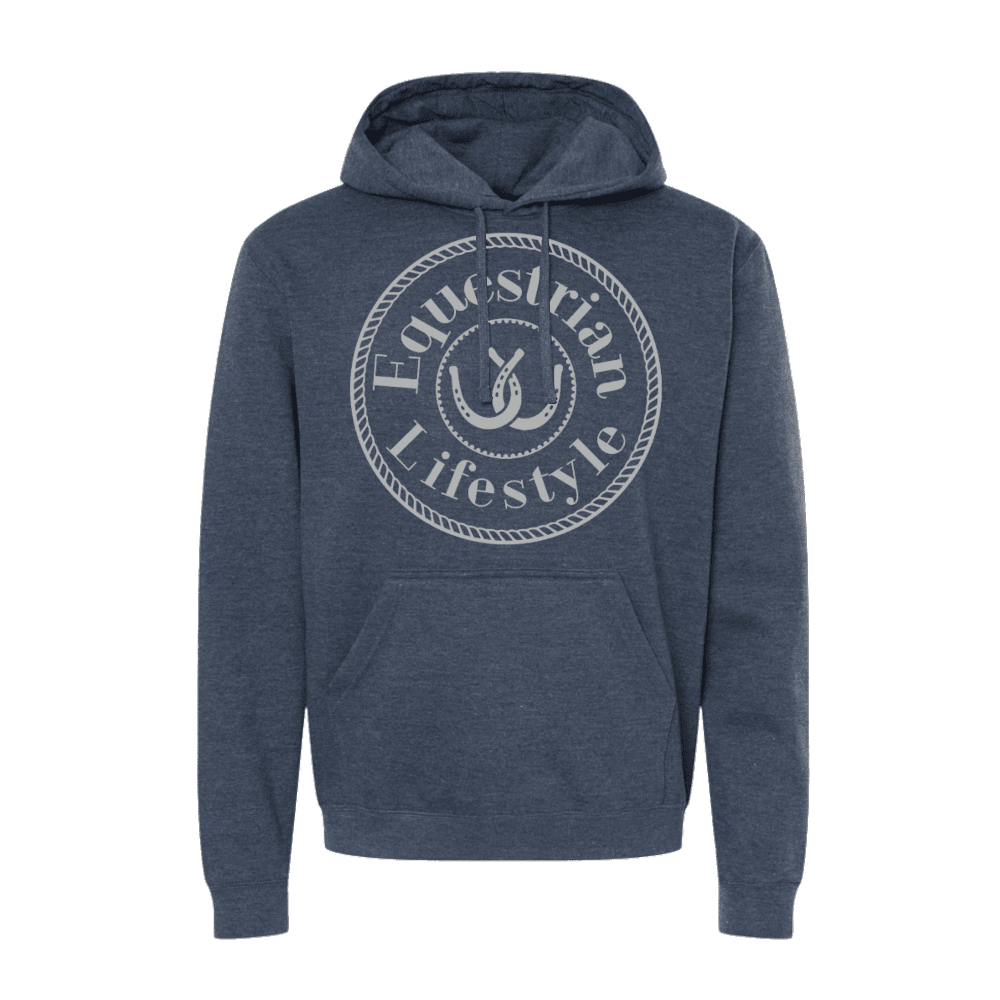 Heather Navy Equestrian Hoodie – Fortress Grey Horseshoe Print - Equestrian Lifestyle Clothing