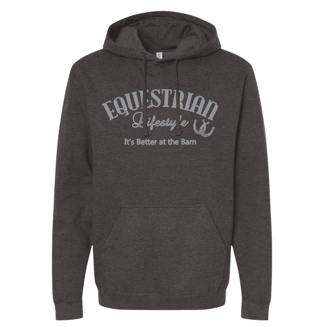 Jet Black Heather Equestrian Hoodie – Steel Blue Phrase - S, XL - Equestrian Lifestyle Clothing