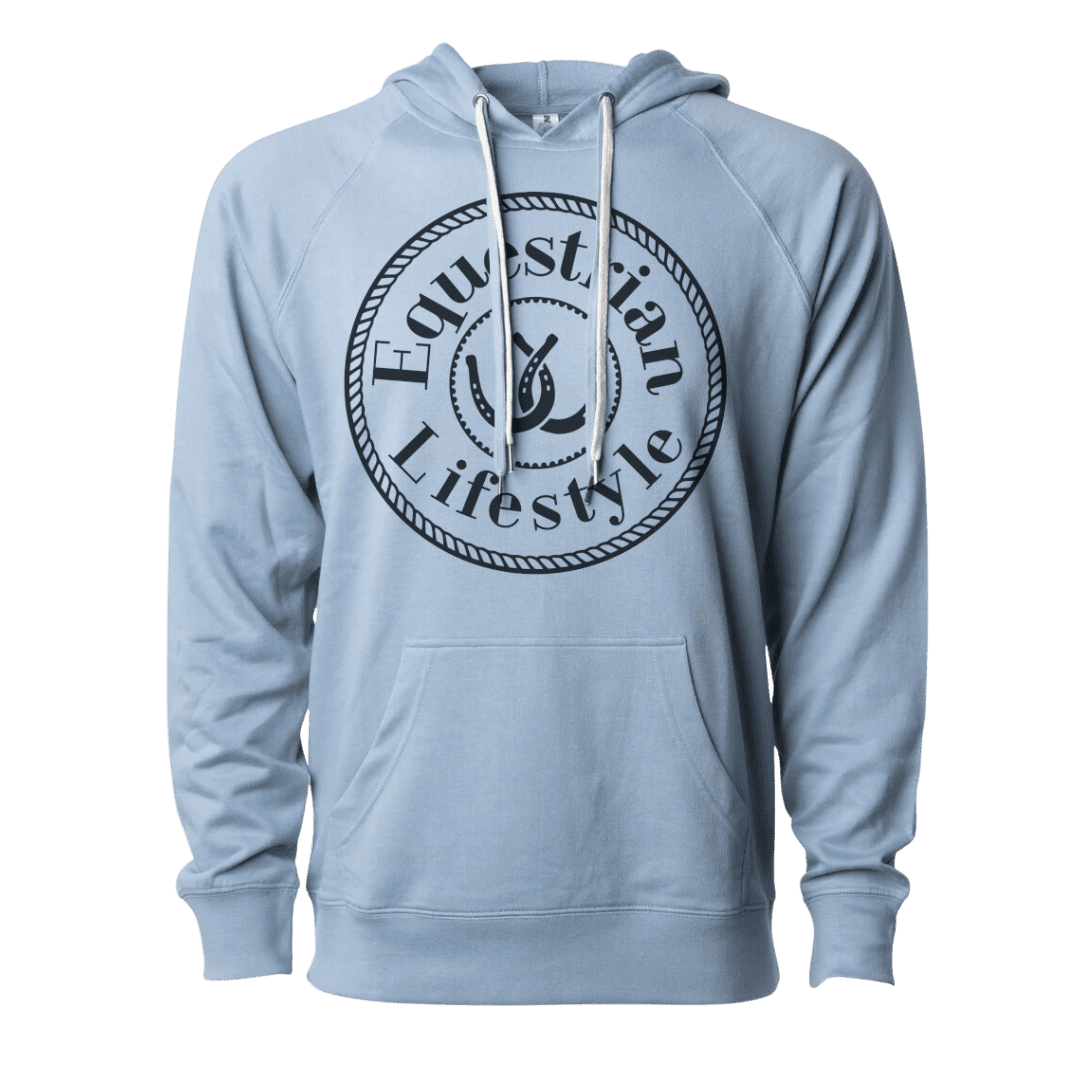Lightweight Misty Blue Equestrian Hoodie with Horseshoe Graphic - L - Equestrian Lifestyle Clothing