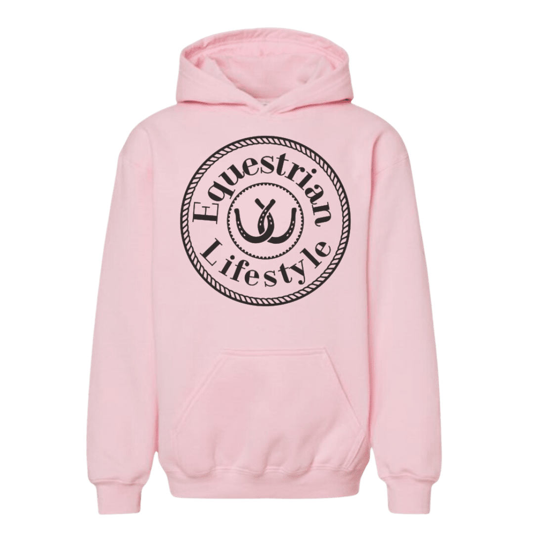 Youth Pink Hoodie – Equestrian Lifestyle Horseshoe Design