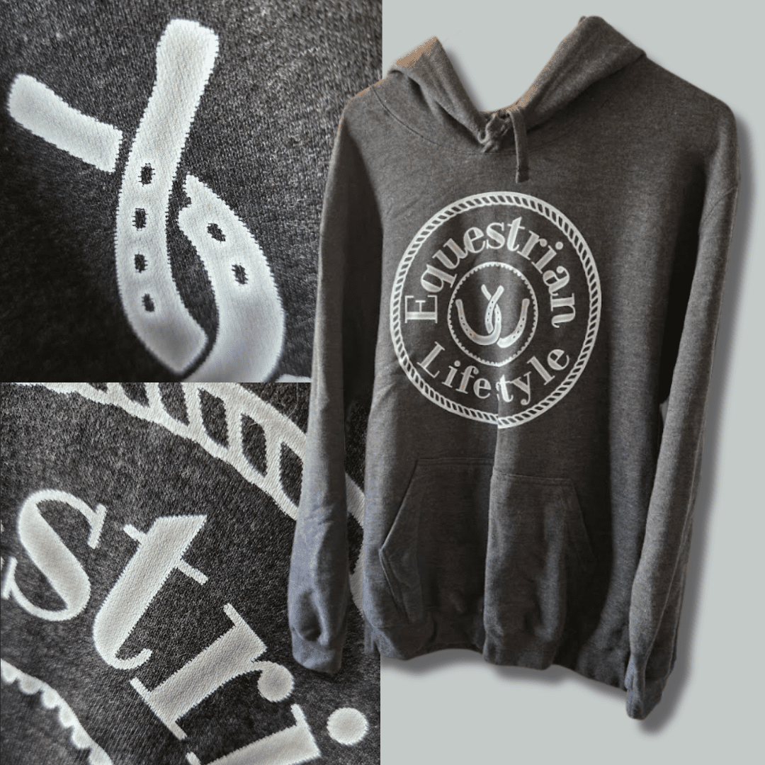 Jet Black Equestrian Hoodie – Steel Blue Gradient Horseshoe (Discounted)