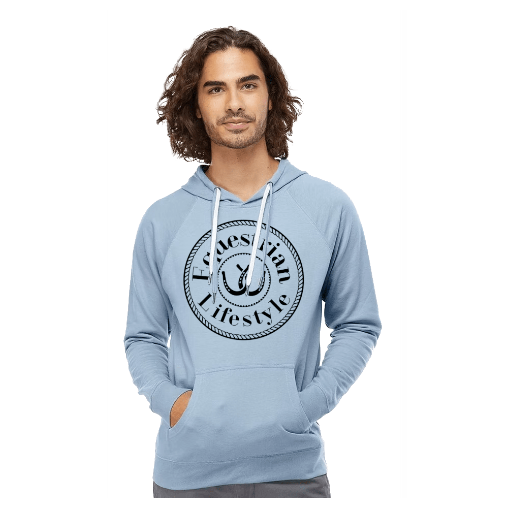 Lightweight Misty Blue Equestrian Hoodie with Horseshoe Graphic - L - Equestrian Lifestyle Clothing