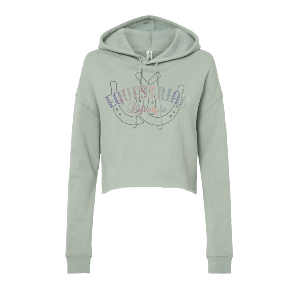 Cropped Hoodie in Sage – Gradient Horseshoe Phrase Design - Equestrian Lifestyle Clothing