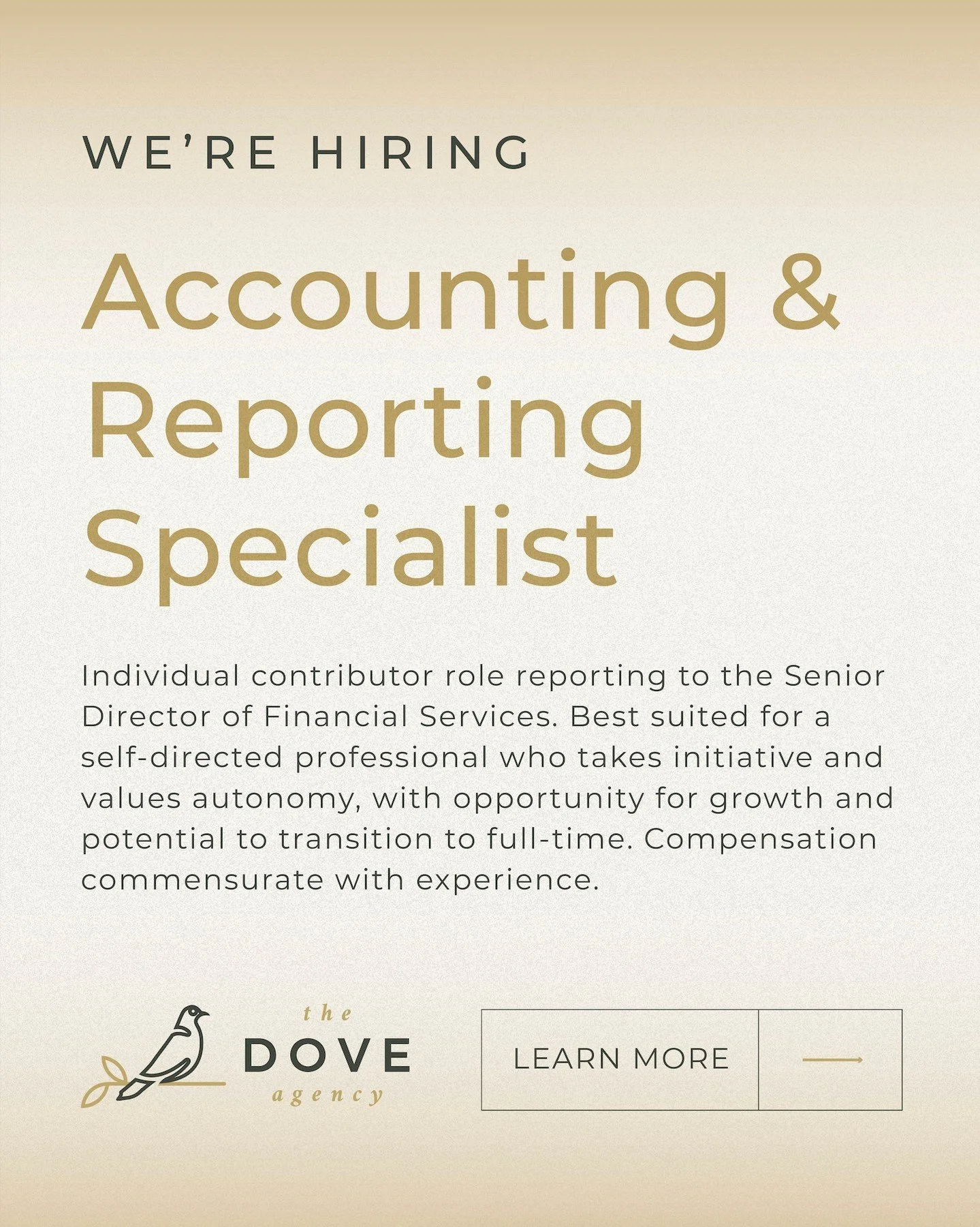 We&rsquo;re growing! 🕊️The Dove Agency is looking for an Accounting &amp; Reporting Specialist to join our team.

If you&rsquo;re a CPA-eligible professional with 2&ndash;3 years of experience and a passion for collaborative, flexible work, we want 