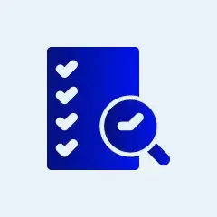 Icon of a blue checklist with a magnifying glass