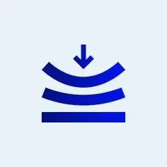 Icon of a blue abstract symbol with downward arrow above three wavy lines and two straight lines