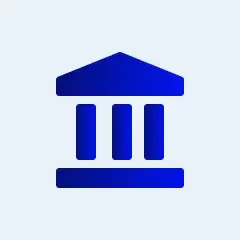 Icon of a blue classical building with columns and a pediment in dark blue