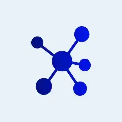 Icon of a blue simple graphical representation of a molecule or network with a central node connected to five surrounding nodes
