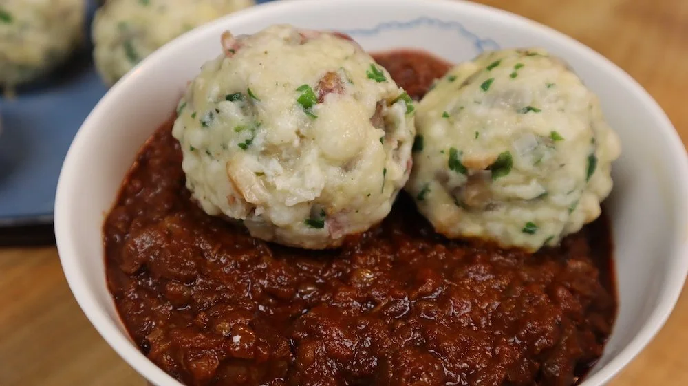 Austrian Gulasch (goulash) with Semmelknödel (bread dumplings) 