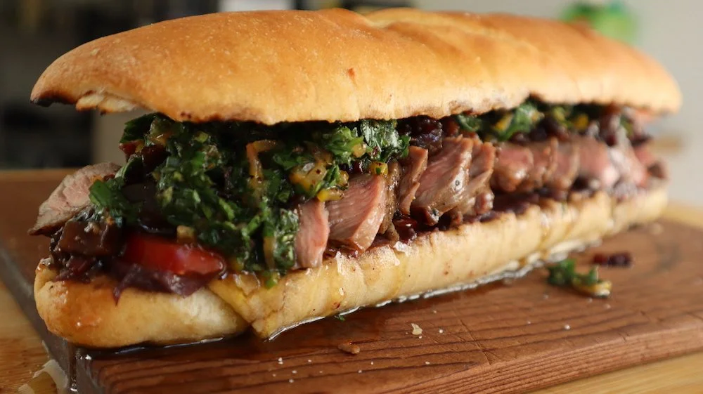 Steak Sandwich with Onion Purée, Bacon Jam and Chimichurri
