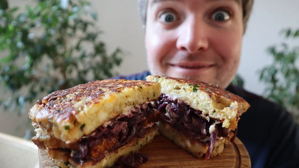 Austrian Kaspressknödel Sandwich with Crispy Pork Belly and Braised Red Cabbage Recipe