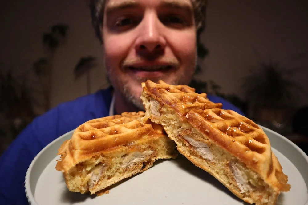Crispy Chicken Stuffed Waffles with Salty Maple Butter | Irresistible Brunch Perfection!