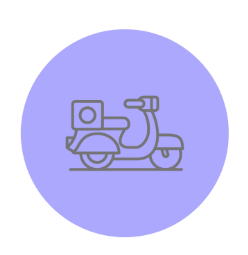 Grey e-bike with package on back on purple circle background.