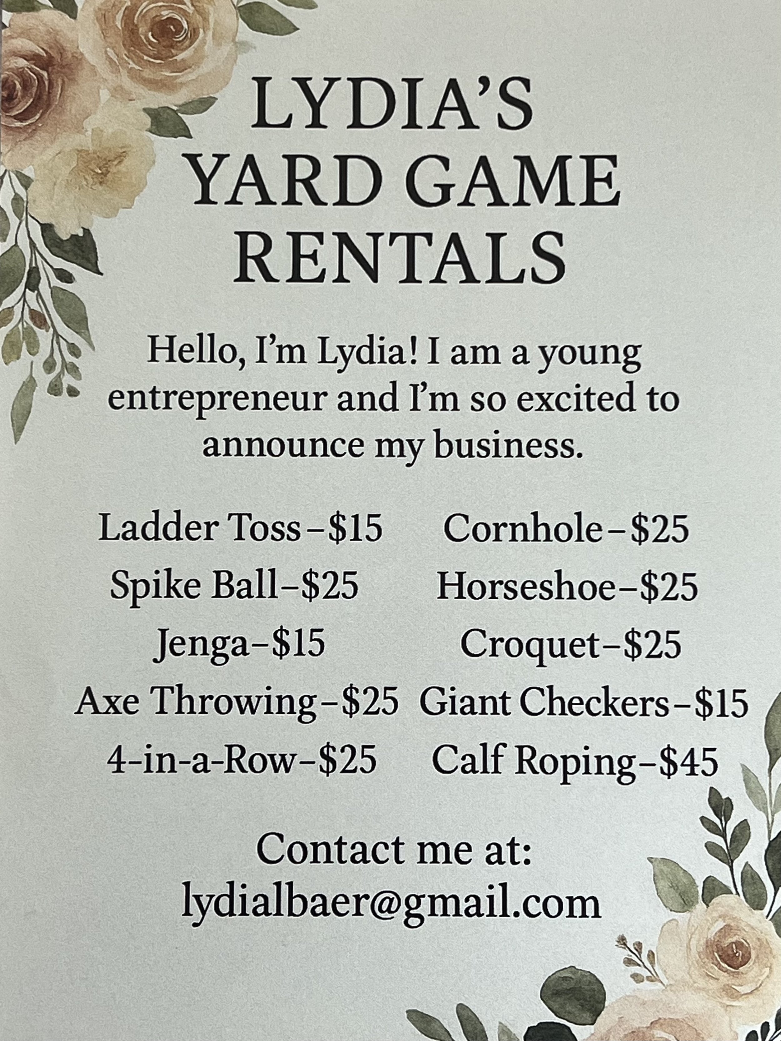 Flyer for Lydia's Yard Game Rentals. Includes floral design and contact info.