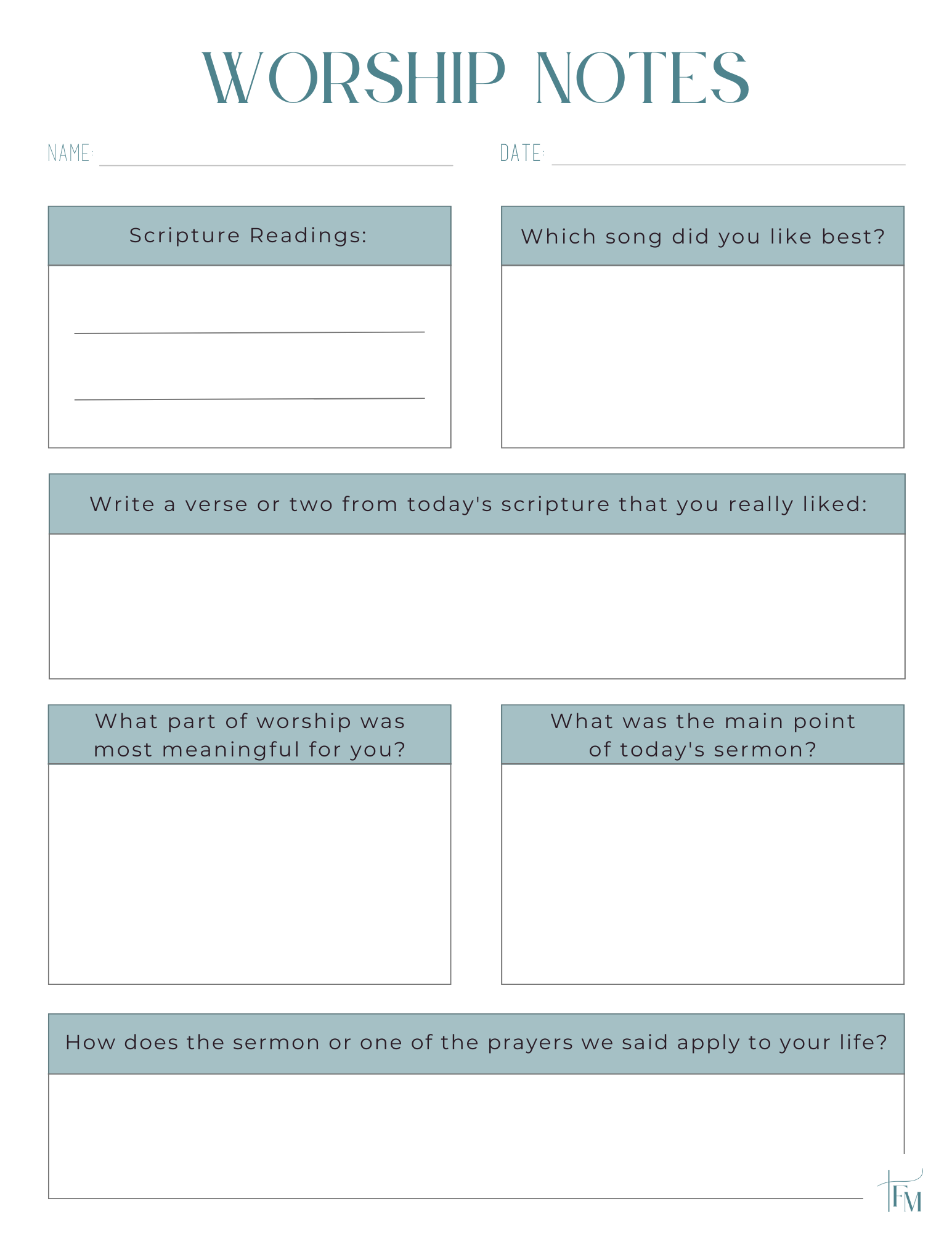 Worship notes, perfect for confirmation classes (color and B&W)