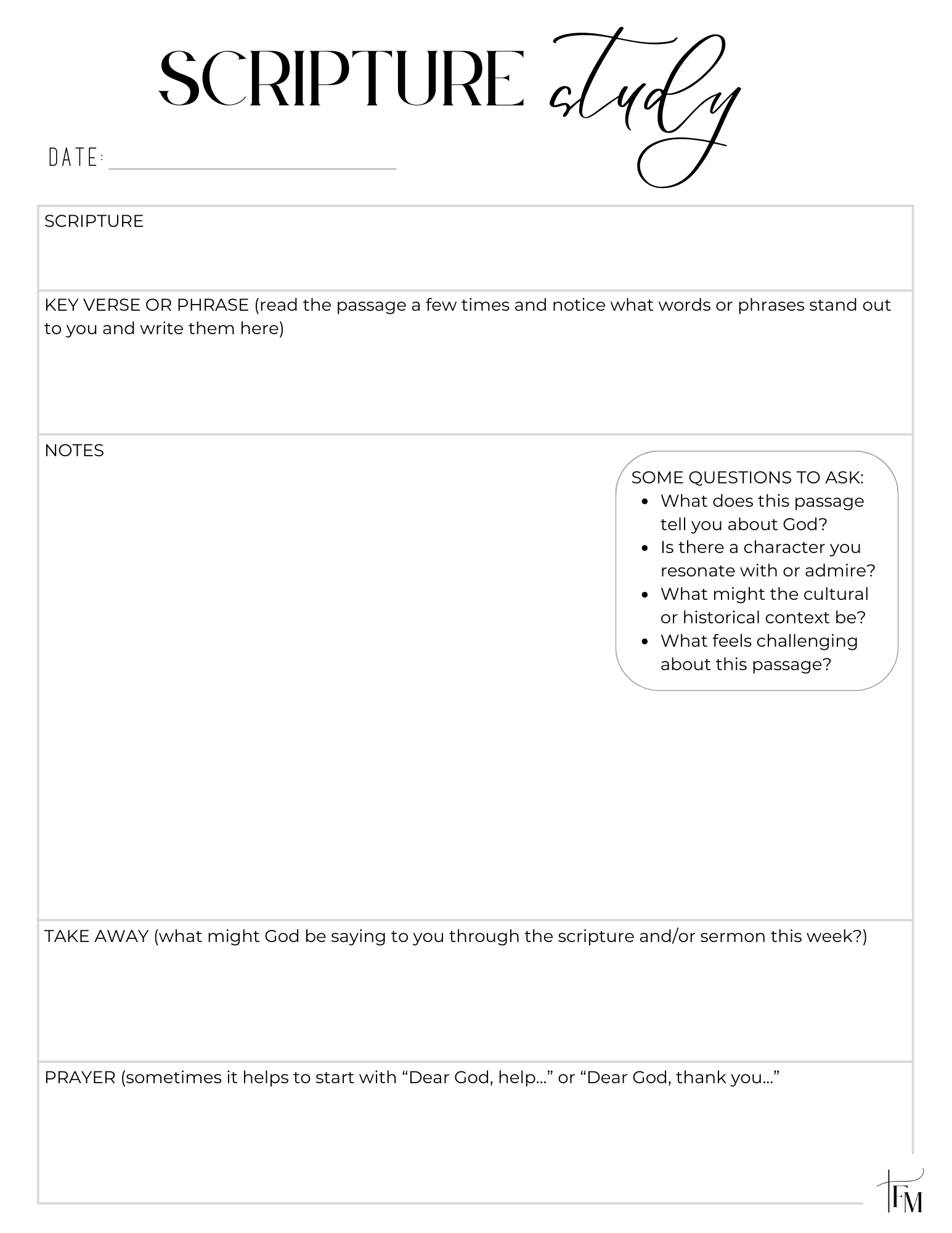 Simple worksheet for studying scripture