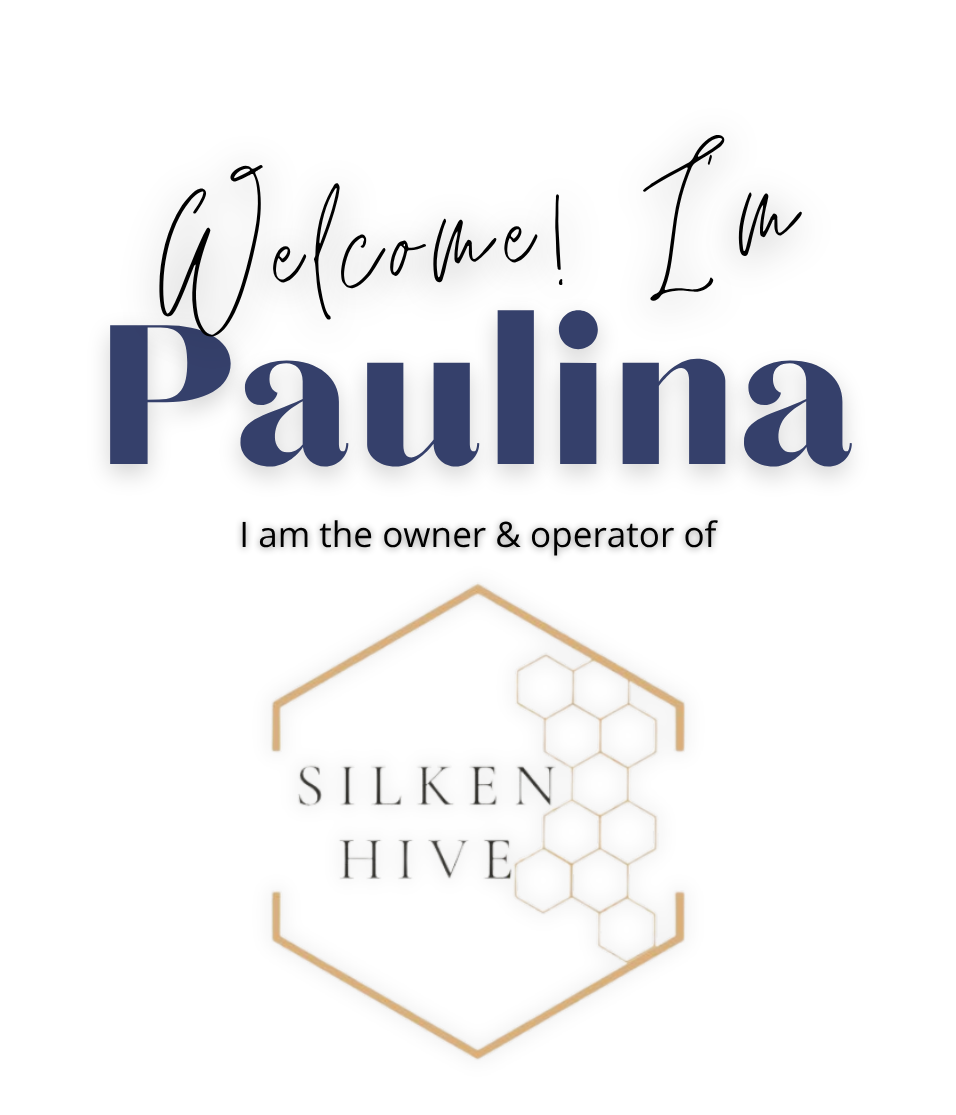 Logo with the name 'Paulina' in large dark blue letters and a hexagonal shape with honeycomb pattern and the words 'Silken Hive' inside on a black background.