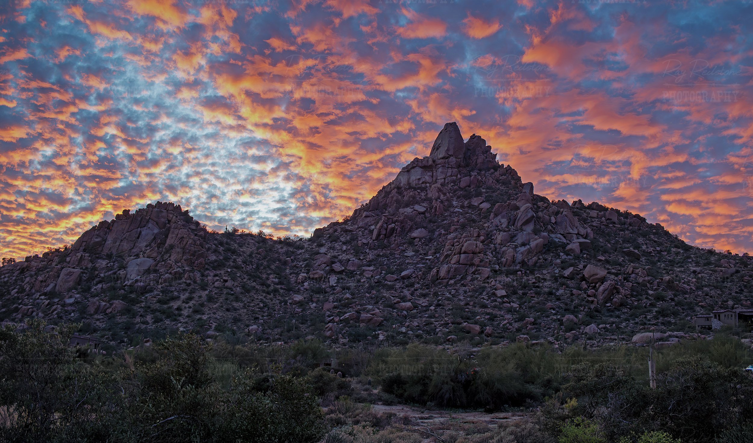 Wide Angle View Of Vibrant Sunset Skies At Pinnacle Peak In North Scottsdale AZ