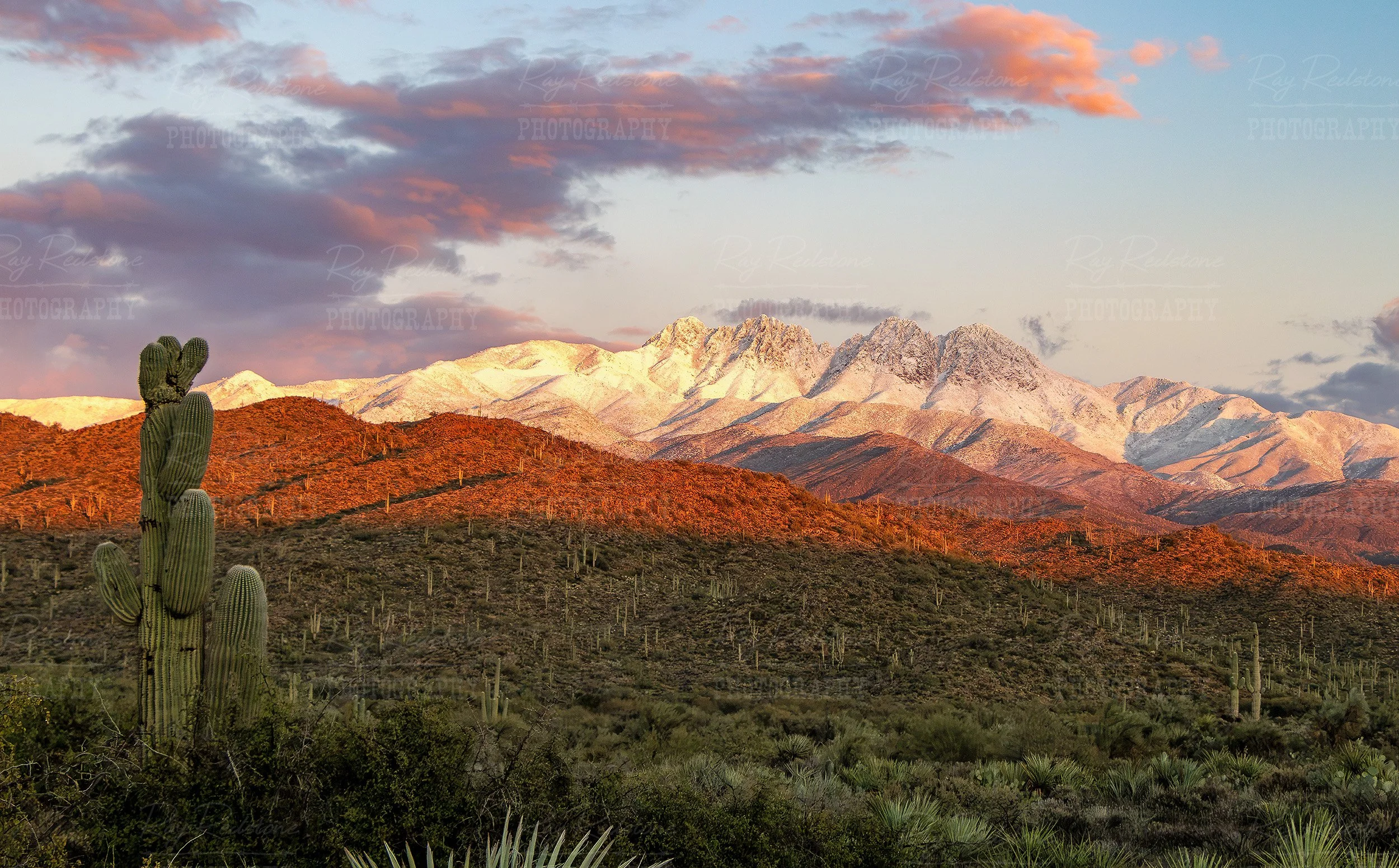 Snow Covered Four Peaks Range At Sunset Time AZ