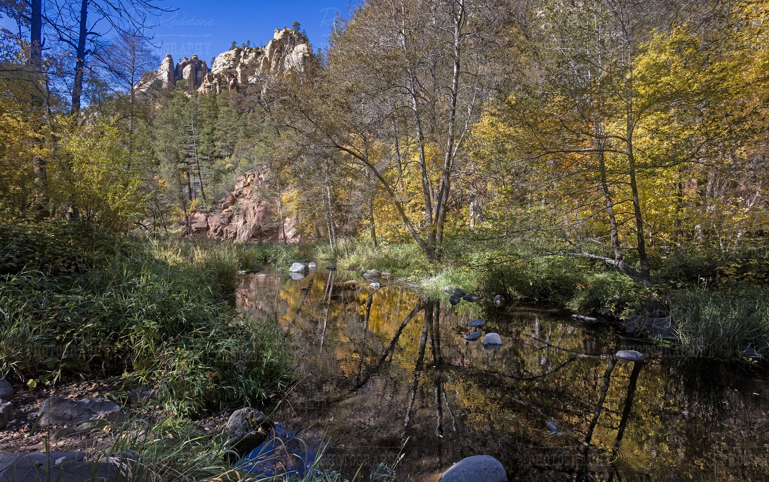Vibrant Fall Time Reflection On Oak Creek In Sedona AZ
