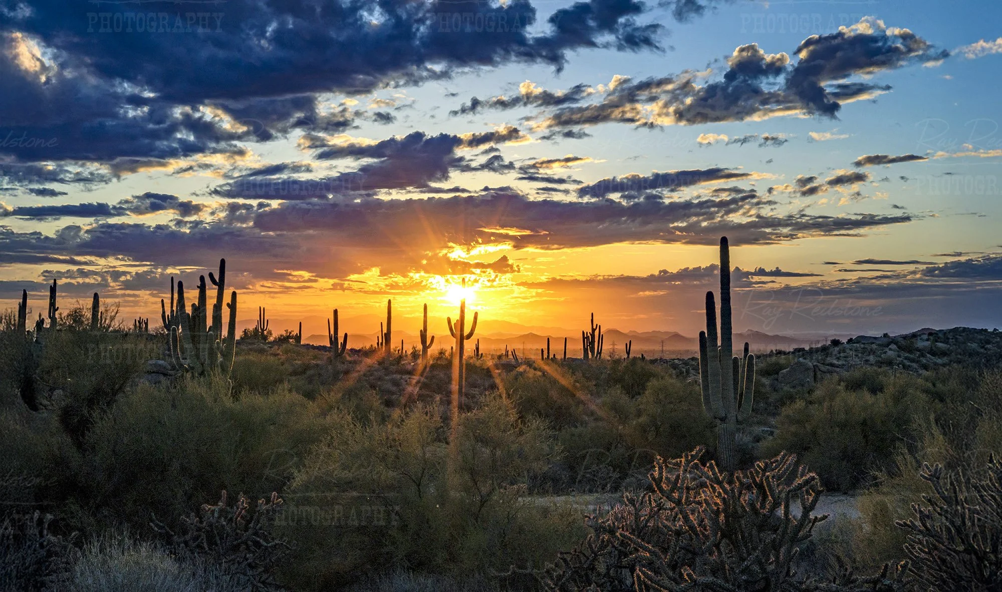 Brilliant Arizona Desert Sunset Landscape With Sunrays