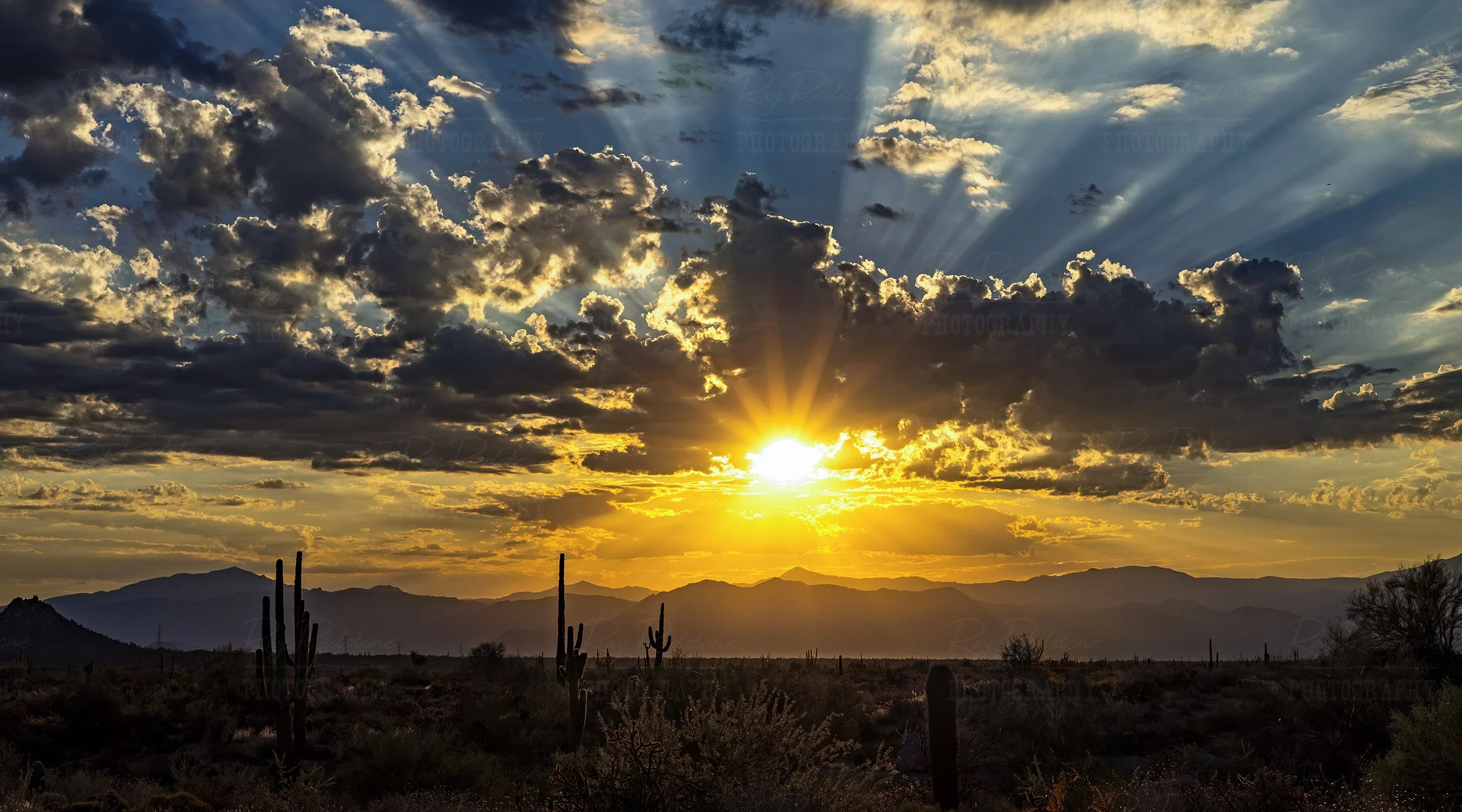 Wide Ratio Arizona Desert Sunrise Landscape With Sunlight Shafts