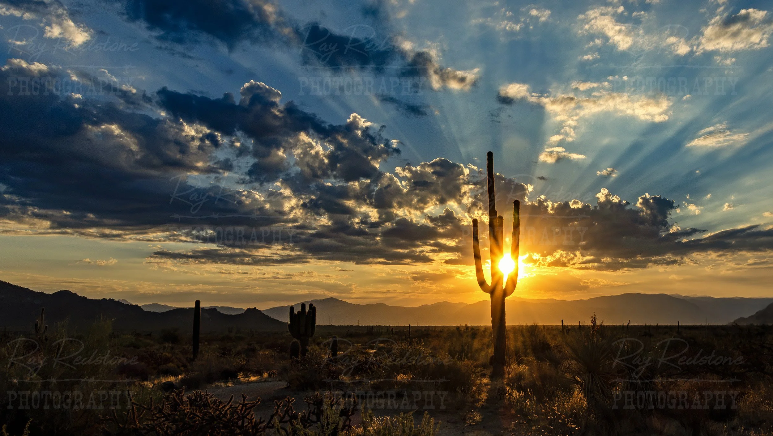 Wide Ratio Desert Sunrise With Epic Sun Rays In Arizona