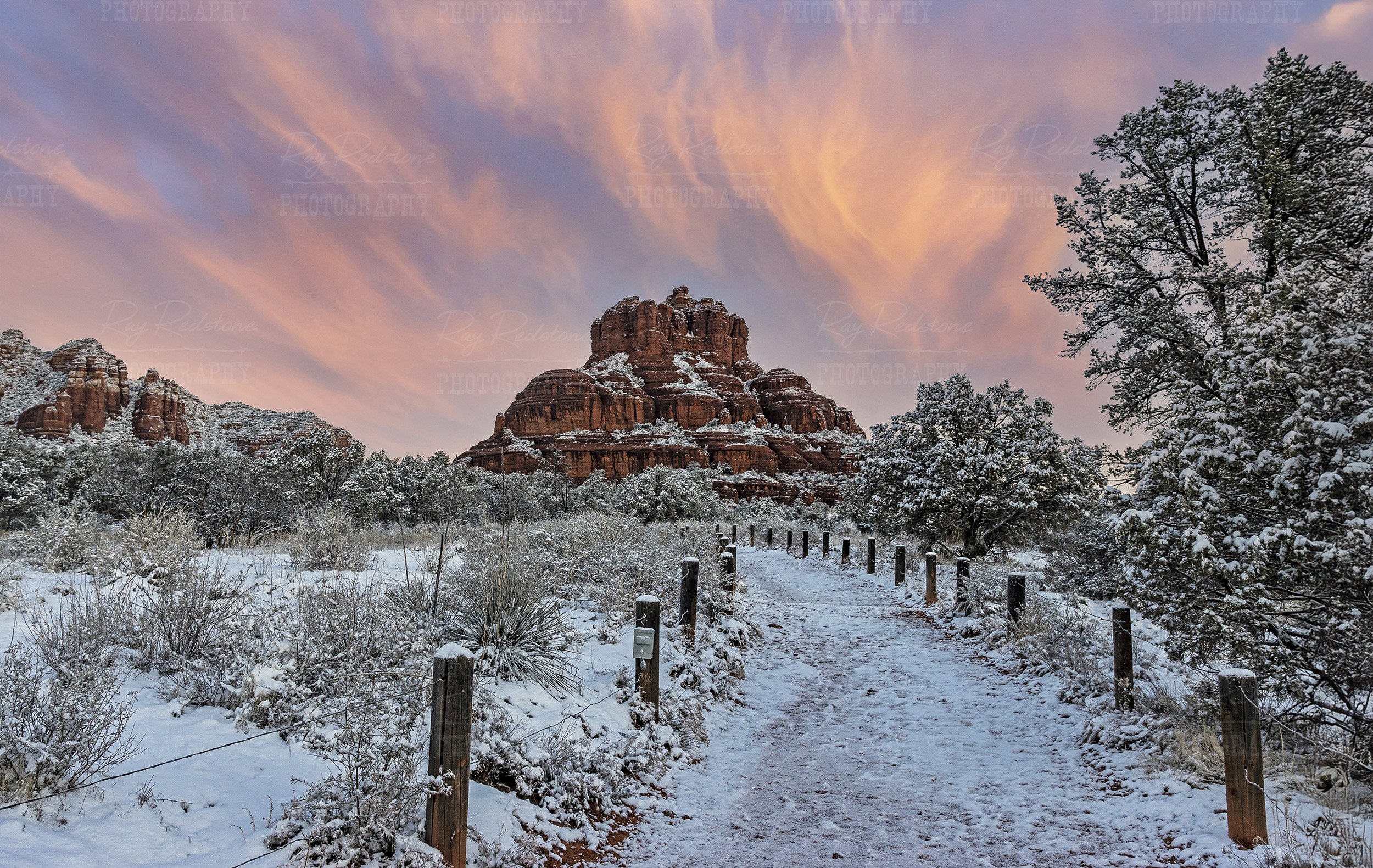 Snow Covered Bell Rock Trail At Sunrise Near Sedona