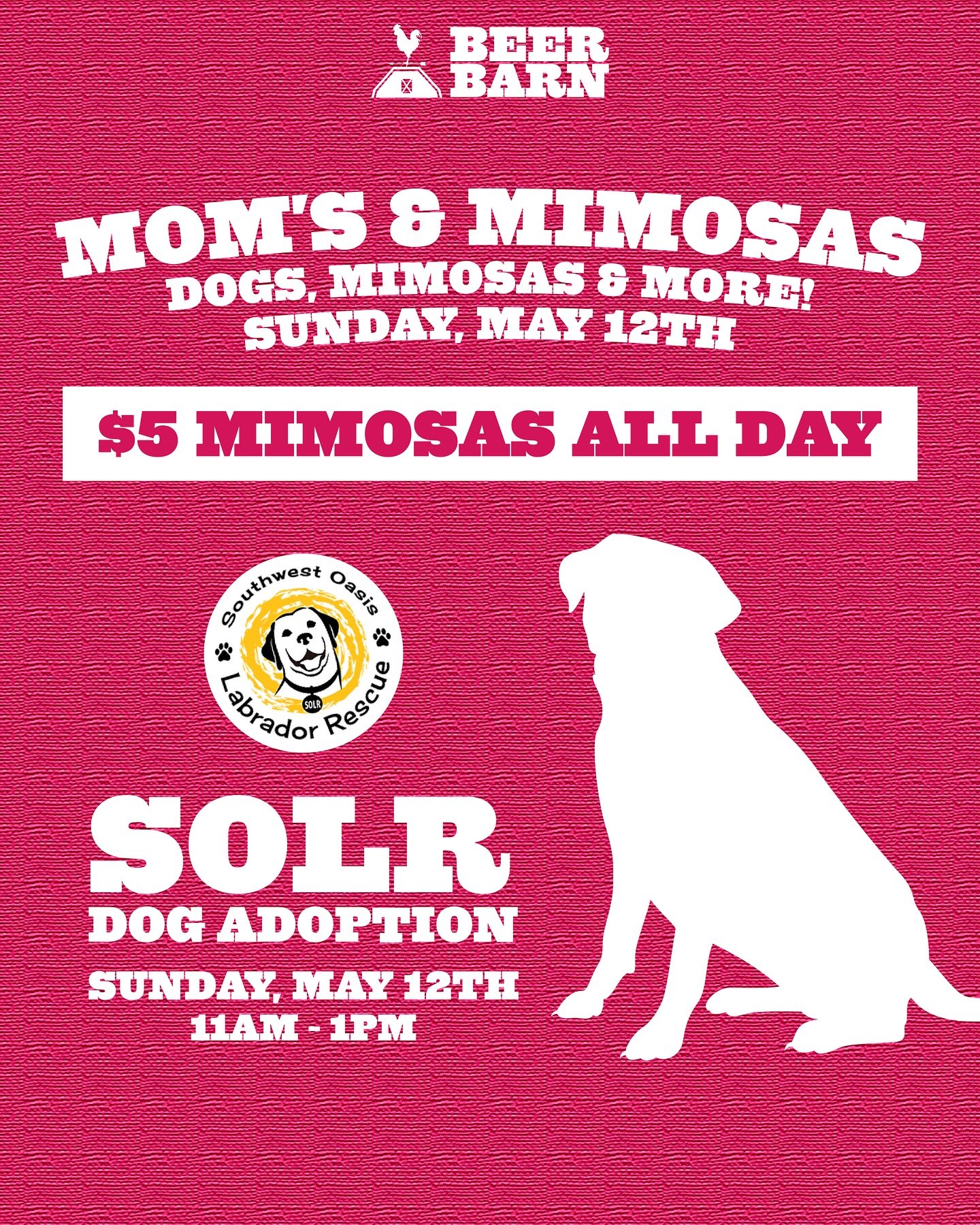CALLIN ALL YOU MOMS AND DOG LOVERS!

Join us Sunday, May 12th, as we&rsquo;ll be celebrating all you moms out there! We&rsquo;ll be pouring $5 momosas ALL DAY LONG for Mother&rsquo;s Day. Plus our friends @southwestoasislabrescue will be in with some
