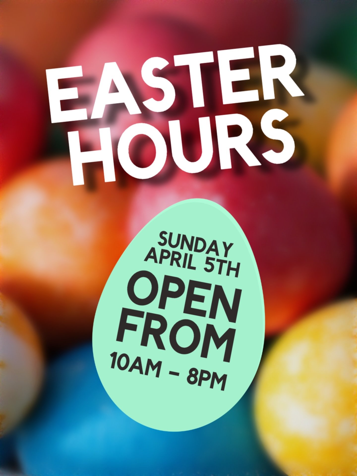 Our hours for Easter Sunday 🐣

Just a heads up that we&rsquo;ll be open this Sunday, April 5th from 10am - 8pm. Swing by before or after your family fun for some cold ones 🍻🐰