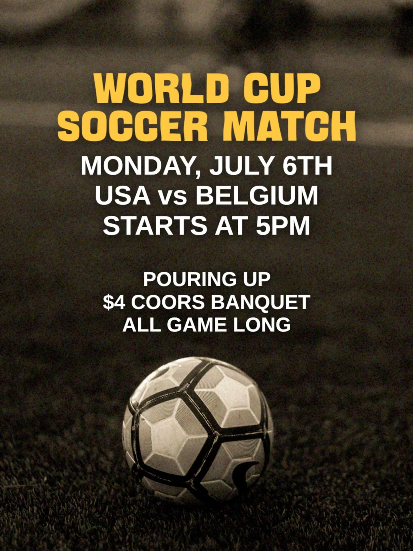 Tonight&rsquo;s the big game! ⚽️

Come cheer on team USA! Game starts at 5pm. We&rsquo;ll be pouring up $4 Coors Banquet all game long! 🍻