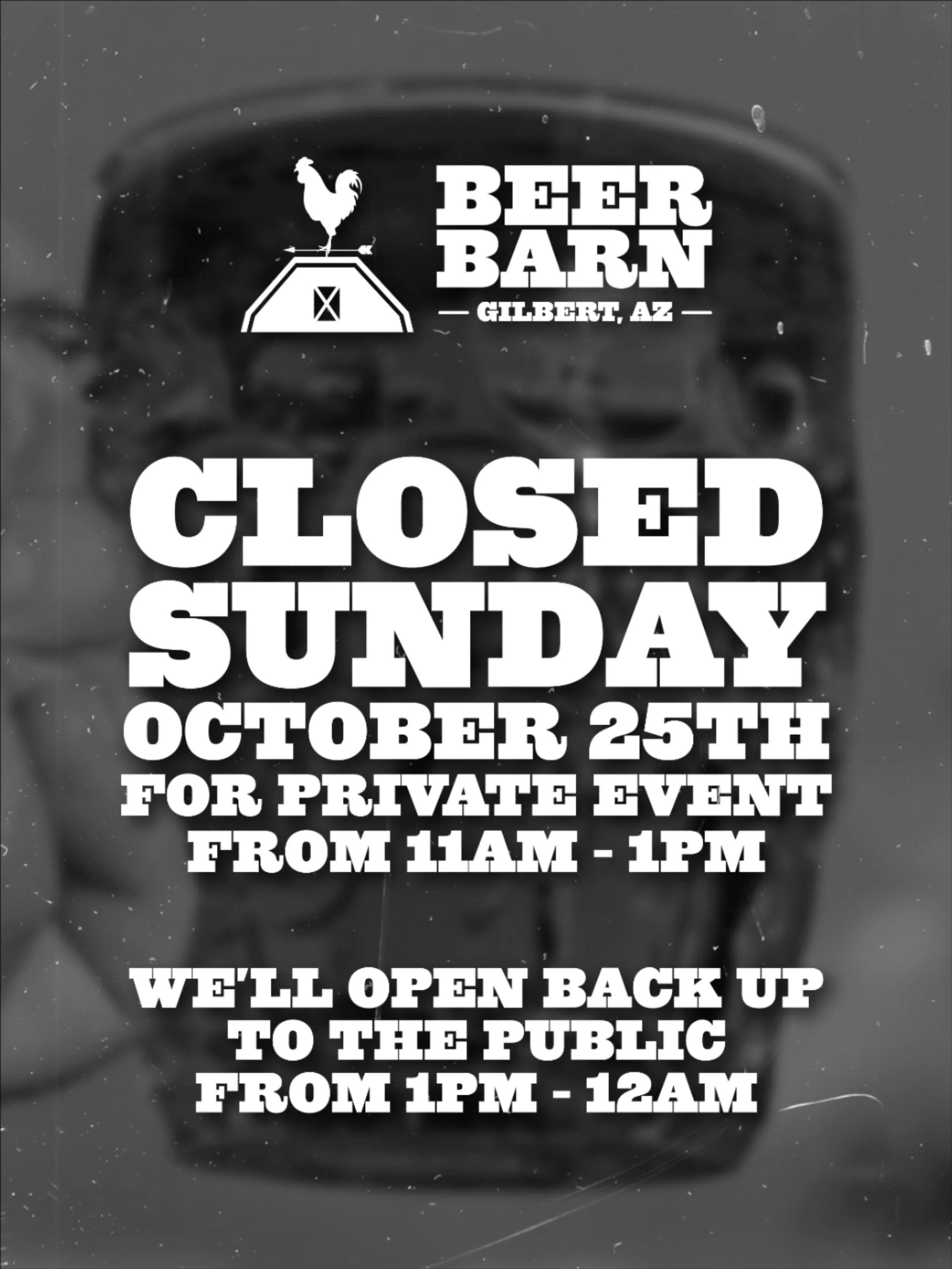This Sunday we&rsquo;ll be closed from 11am - 1 for a private event

Don&rsquo;t worry we&rsquo;re not closed the whole day, our doors will@open to the public starting at 1pm so you can catch the games 🏈🍻