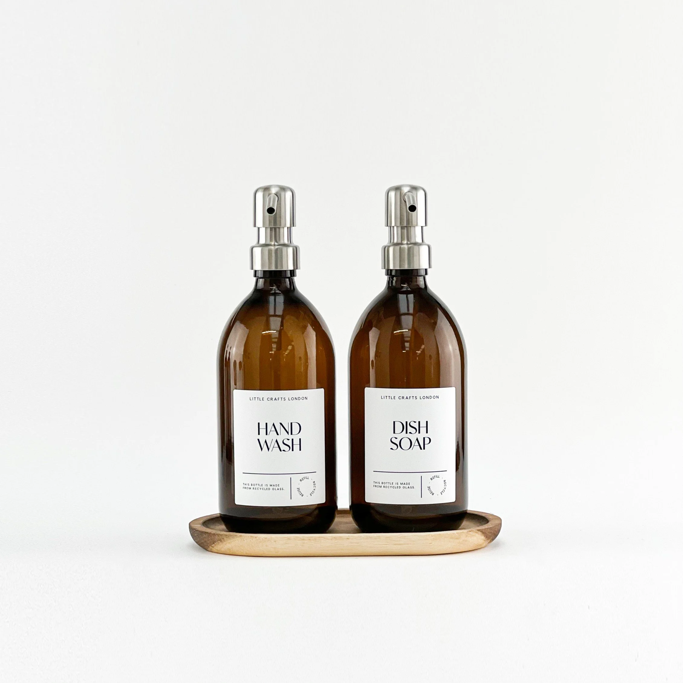 Set of 2 Amber Glass Bottle 500 ML with Stainless Steel Pump & Small Oval Acacia Tray