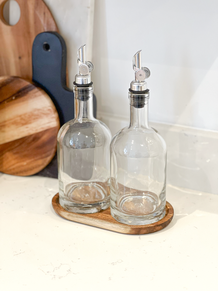 Set of 2 Round Glass Oil Bottle 500 ML & Acacia Oval Tray — LITTLE