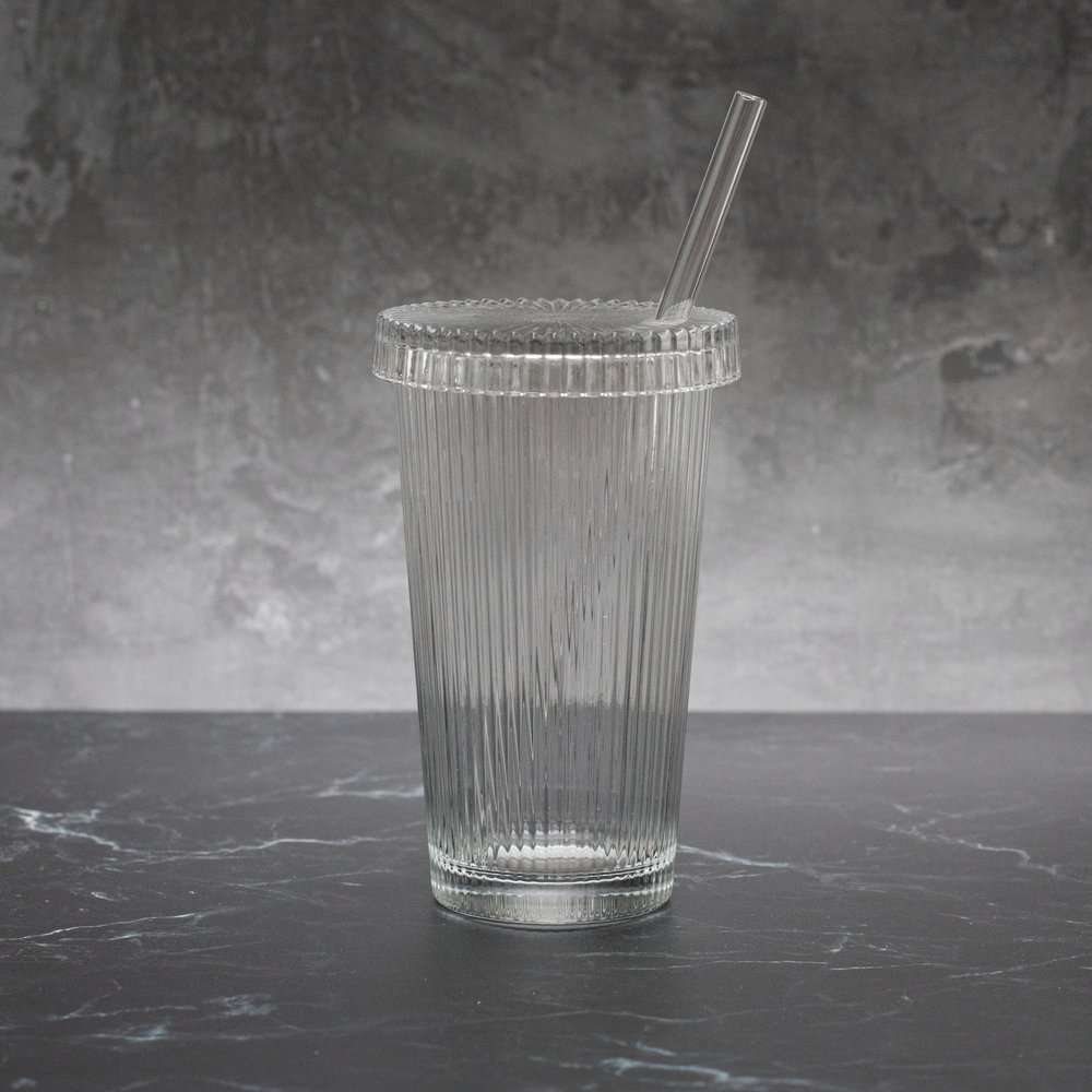 Ribbed Glass Coffee Cup With Straw - Perfect For Iced Coffee