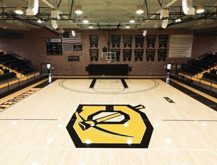 Indoor basketball court with a black and yellow logo at center, surrounded by bleachers and banners on walls, flags hanging above.