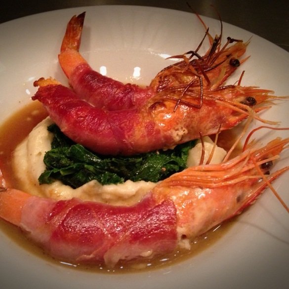 FOOD_BLUE PRAWNS prosciutto-wrapped with ham hock brodo, truffle mashed potatoes & mustard greens_Jan 2013_SQUARE.jpg
