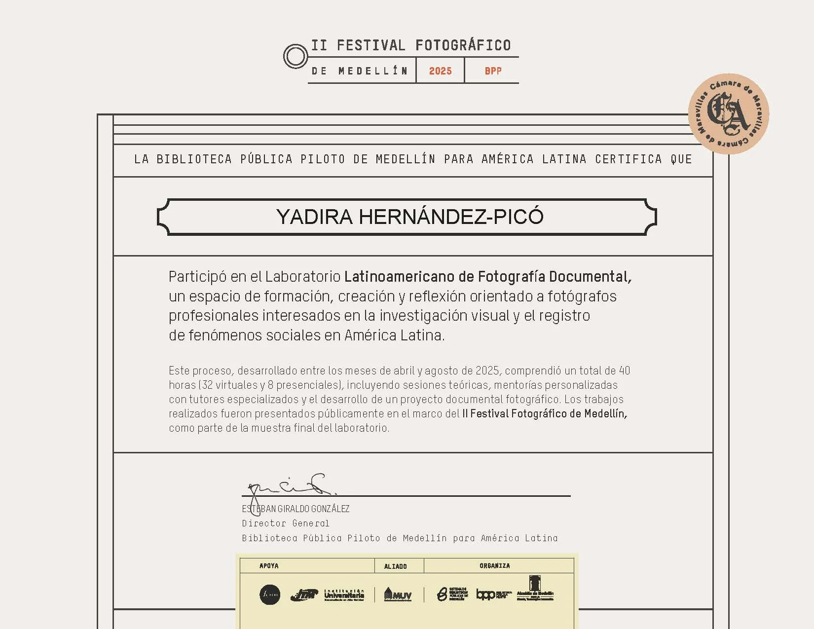 Certificate of Completion Laboratorio Latinoamericano de Fotografía Documental Colombia 2025