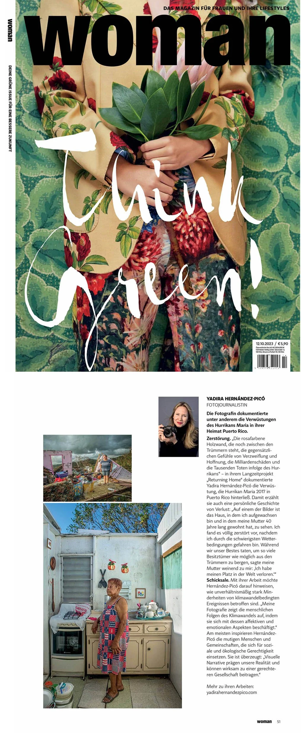 Woman Magazine Austria October 2023 issue – Four female photographers draw attention to climate and environmental issues, featuring Puerto Rican photographer Yadira Hernández-Picó.
