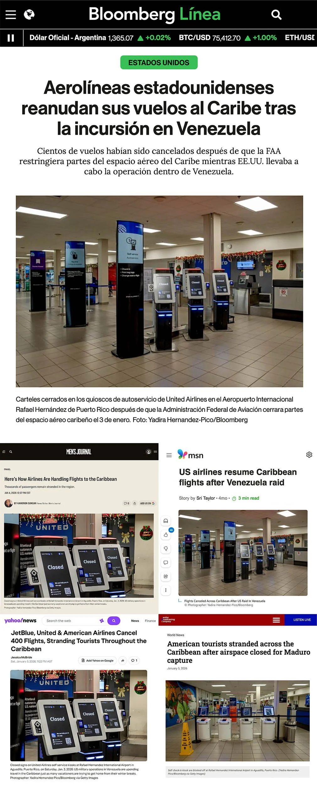 Yadira Hernández-Picó’s Bloomberg News assignment of flights canceled across Caribbean after US raid in Venezuela were widely published by major international outlets like Men’s Journal, Yahoo News, and MSN. 