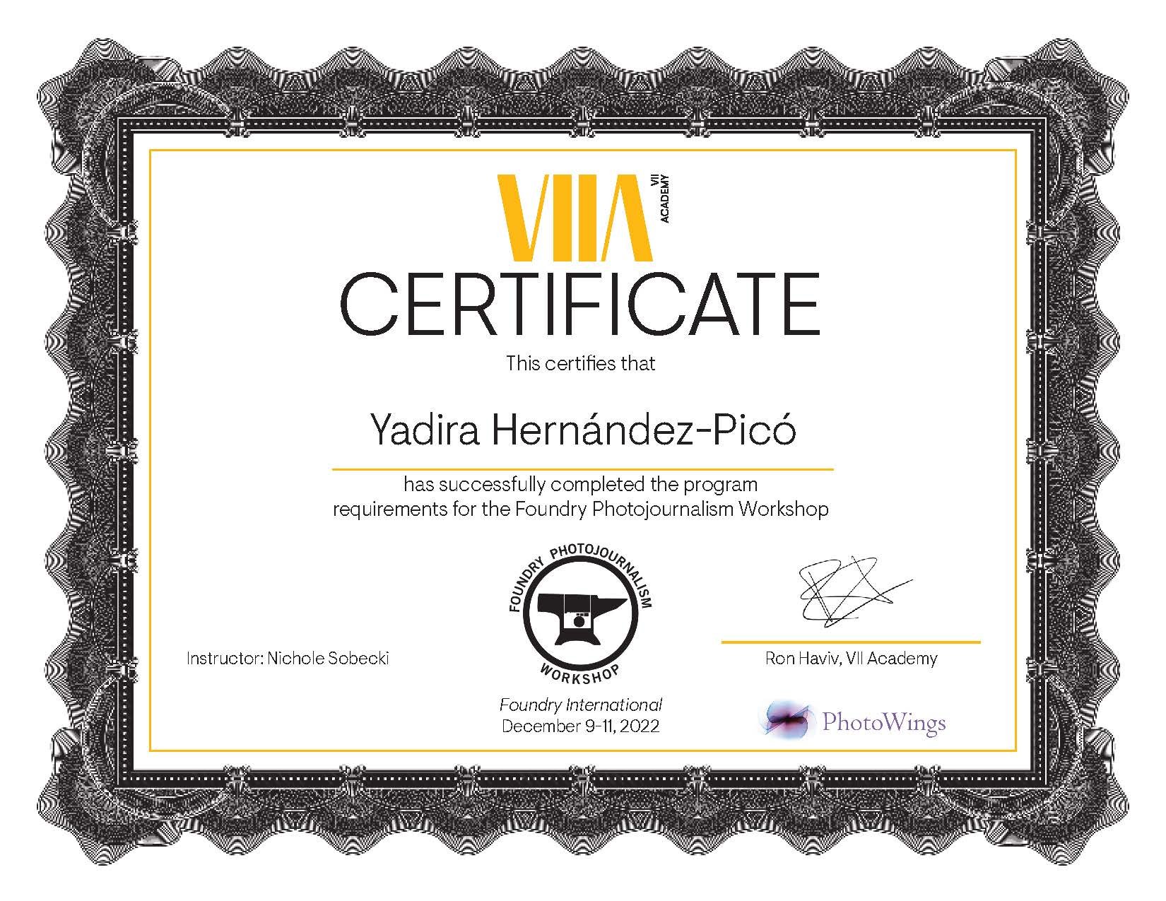 Certificate 2022 VII Foundation Foundry Photojournalism Workshop