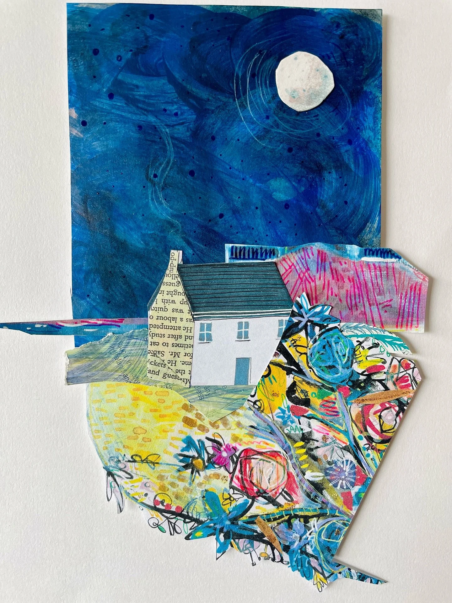 Now in my big cartel store Moonlight garden is made up of hand painted papers, vintage book pages and mixed media. Here we find pretty cottge nestled in a flower filled garden I reckon scented night stock, above a full moon watches over the scene cas