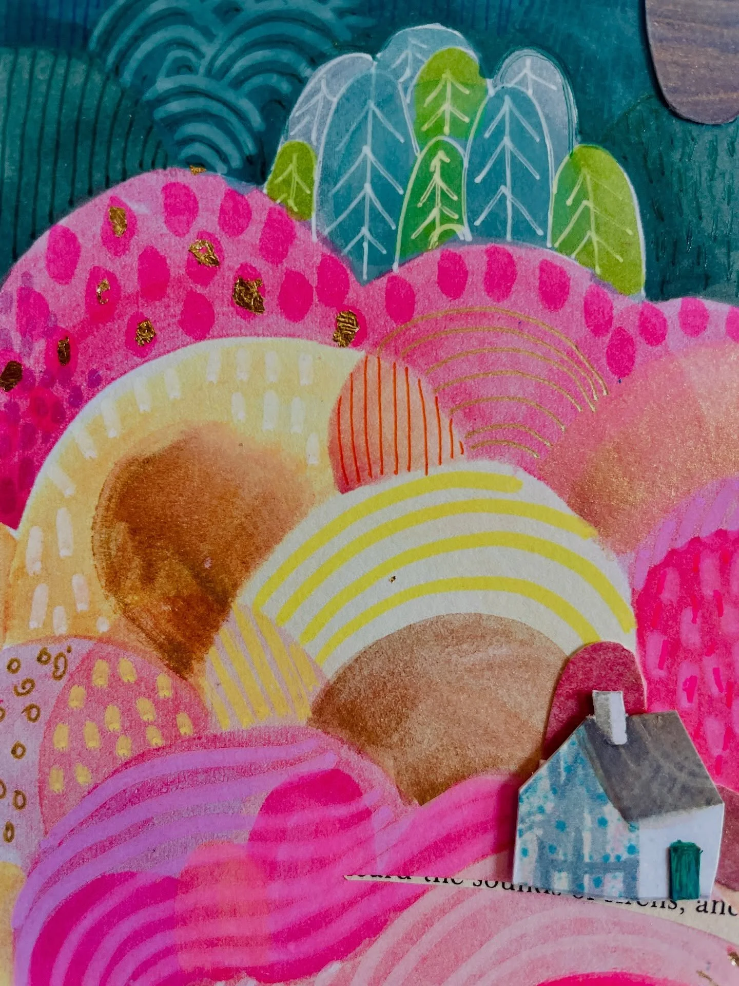 Newly minted on my BigCartel you will find a couple of small works. They are abstract landscapes full of peculiar fields, strange trees and pink light. The pieces and made with hand painted papers, vintage book papers and small touches  of gold leaf.