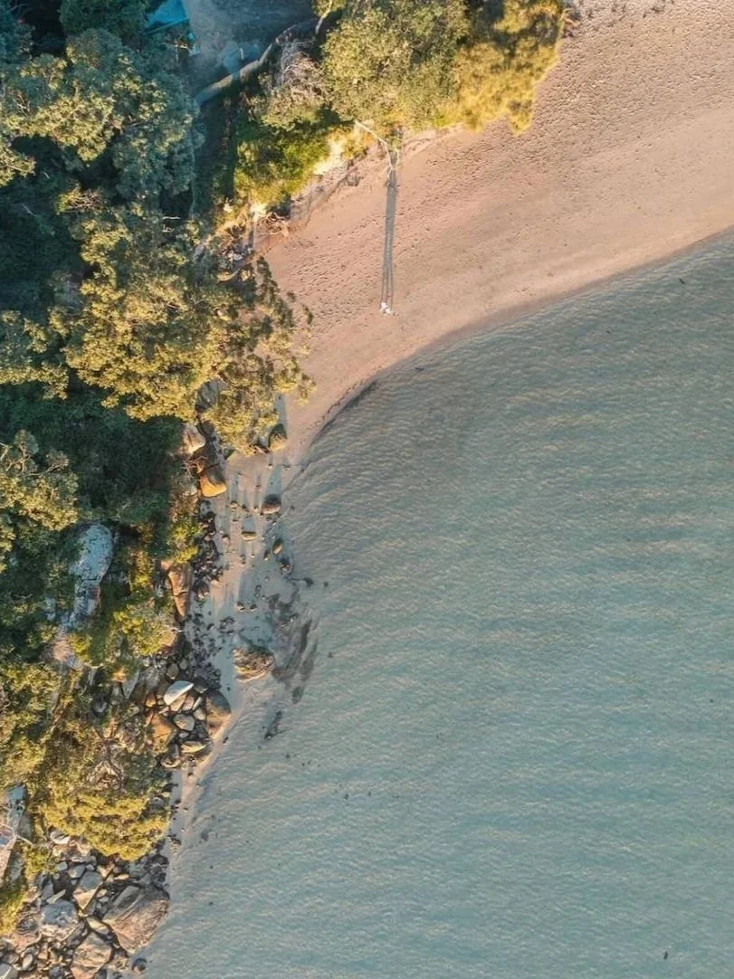 Aerial view of Darook Park in Cronulla, featuring a sandy beach, calm blue waters and a tree-lined shoreline in warm afternoon sunlight.
