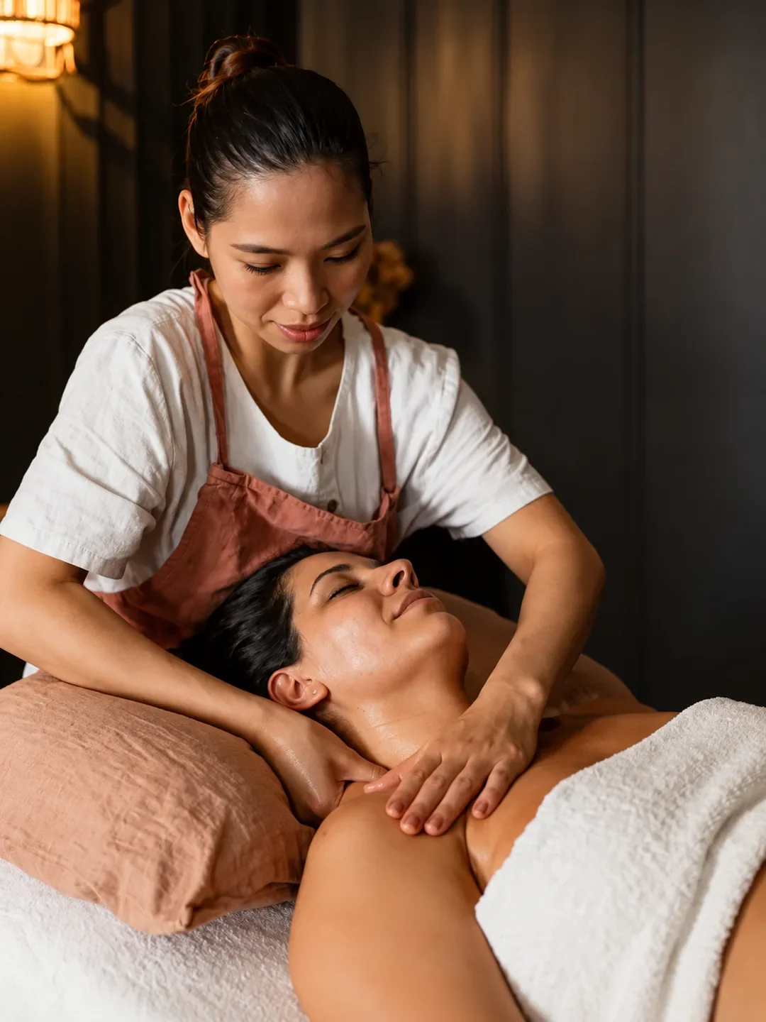 A therapist gives a woman a neck and shoulder massage in a softly lit treatment room at Bump Day Spa.