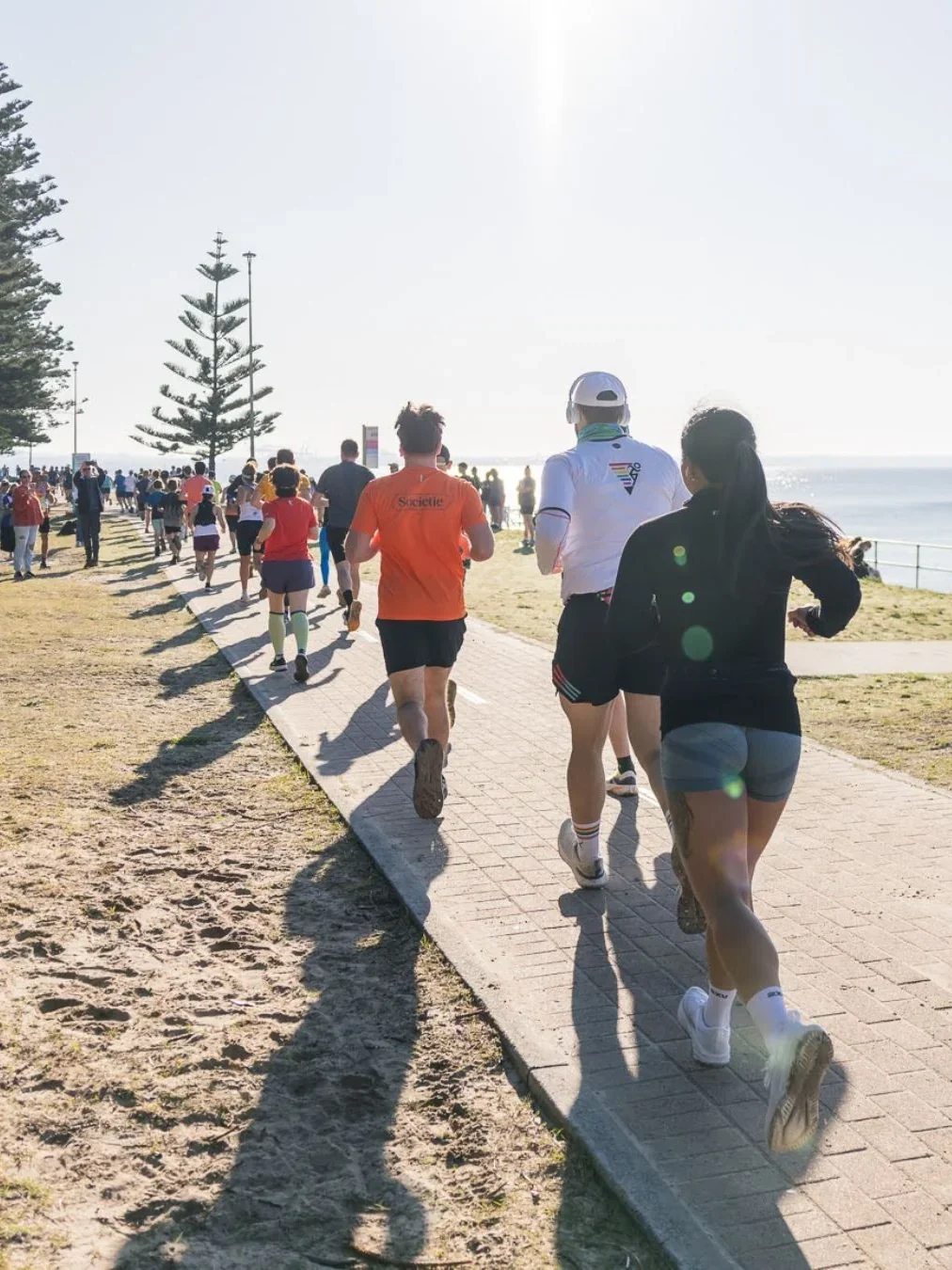Runners in colourful activewear taking part in the Beachside Dash along a Sutherland Shire coastal path lined with Norfolk pine trees, ocean in the background.