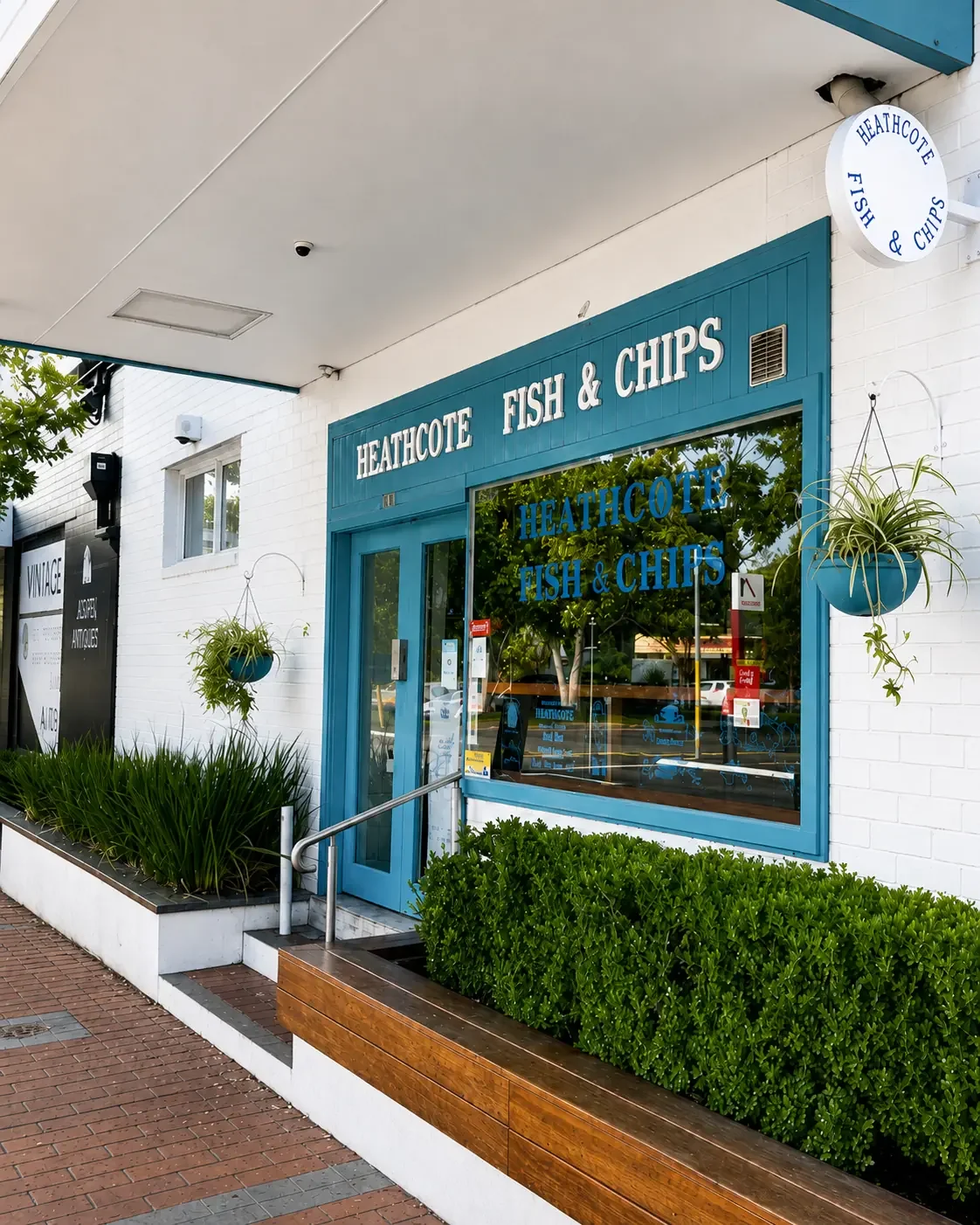 Storefront of Heathcote Fish & Chips, a white brick shopfront with teal-blue trim, round hanging signage, glass-panelled entry doors, hanging spider plants and a trimmed green hedge along the footpath.